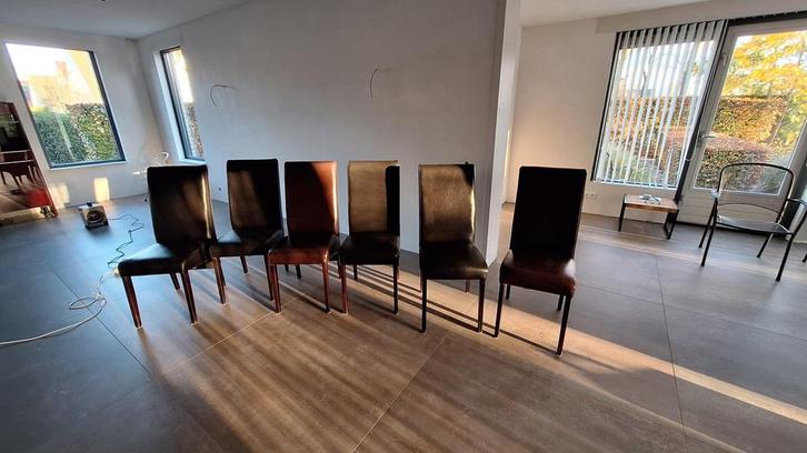 6 Eethoekstoelen Leer/Hout - Bruin & Zwart, Huis en Inrichting, Stoelen, Gebruikt, Vijf, Zes of meer stoelen, Leer, Bruin, Ophalen of Verzenden