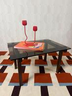 Vintage japandi brutalist bijzettafel salontafel glas hout, Huis en Inrichting, Tafels | Salontafels, 50 tot 100 cm, Vintage, Minder dan 50 cm