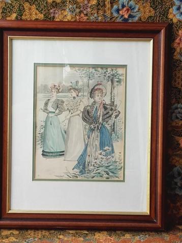 Antieke ingelijste mode gravure uit Engeland met vrouwen. beschikbaar voor biedingen