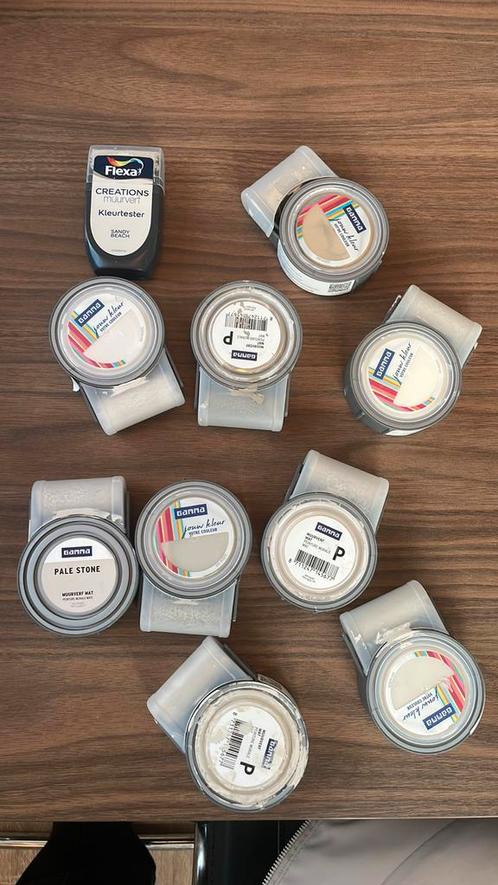 Greige/beige muurverf testers o.a sandy beach, subtle stone, Doe-het-zelf en Verbouw, Verf, Beits en Lak, Nieuw, Verf, Minder dan 5 liter