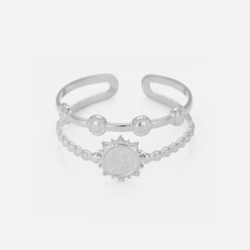 Zilverkleurige tweelaags ring met zon, Sieraden, Tassen en Uiterlijk, Ringen, Nieuw, Dame, Zilver, IJzer of Staal, Ophalen of Verzenden