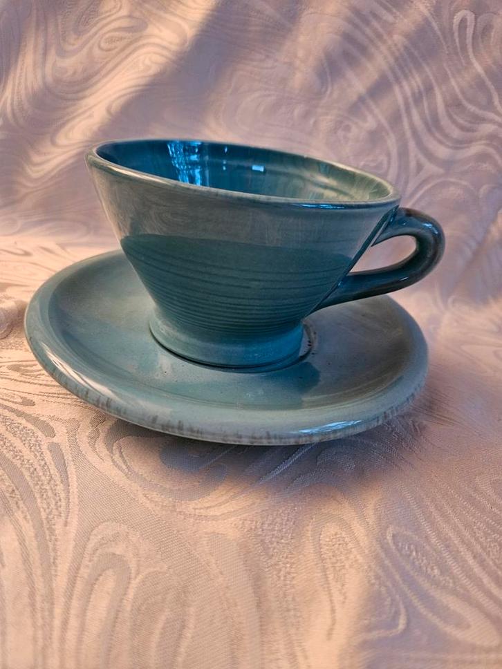 Vintage Theekop en Schotel - Turquoise, Antiek en Kunst, Antiek | Servies los, Ophalen of Verzenden