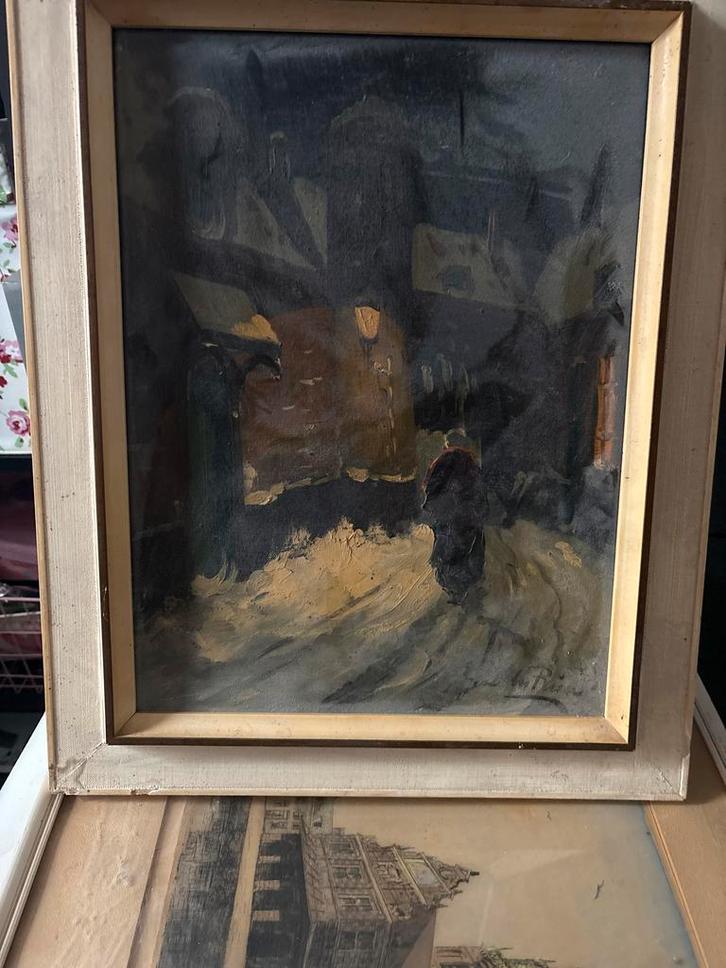 Oude Schilderij - Nachtelijk Straatbeeld, Antiek en Kunst, Kunst | Schilderijen | Klassiek, Ophalen