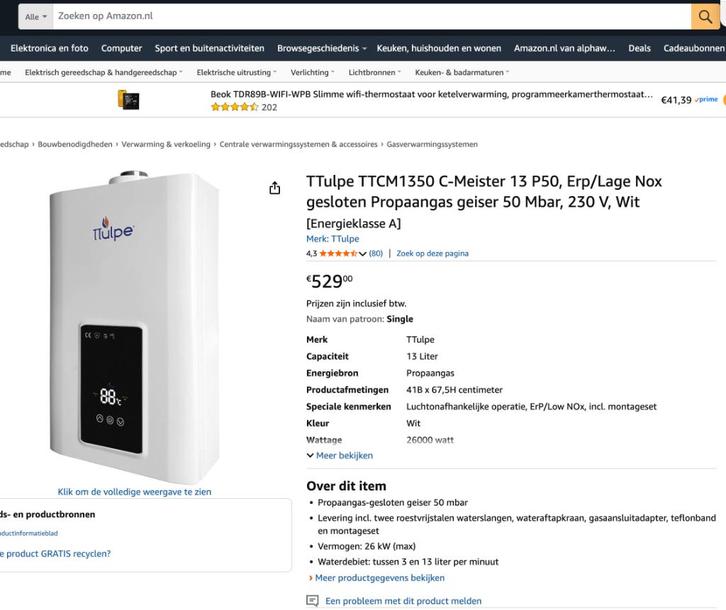 Ttulpe aardgas geiser, Doe-het-zelf en Verbouw, Geisers en Boilers, Zo goed als nieuw, Geiser, Aardgas, Minder dan 20 liter, 3 t/m 5 jaar oud