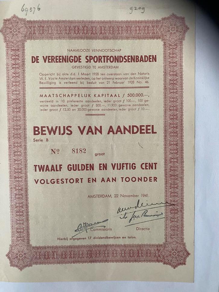 Aandeel Vereenigde Sportfondsenbaden 1941, Postzegels en Munten, Aandelen en Waardepapieren, Aandeel, 1920 tot 1950, Ophalen of Verzenden