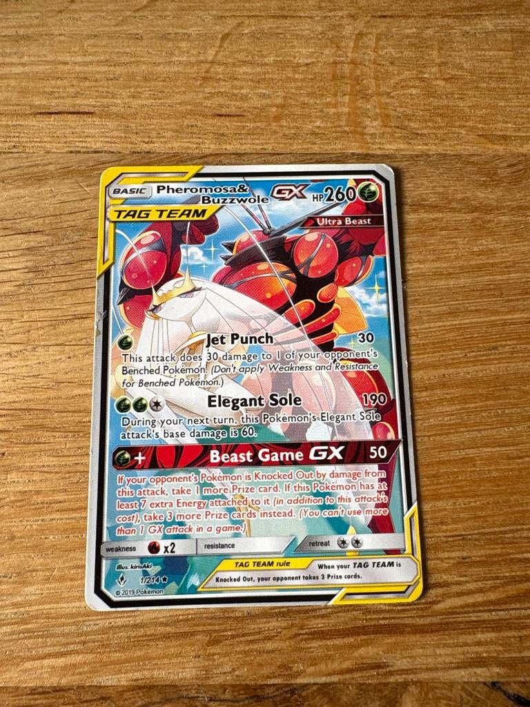 Pheromosa & Buzzwole GX Pokemon Kaart, Ophalen of Verzenden, Zo goed als nieuw, Losse kaart