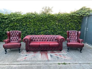 Chesterfield leren oxblood/zwart gevlamd 3+1+1 zits beschikbaar voor biedingen