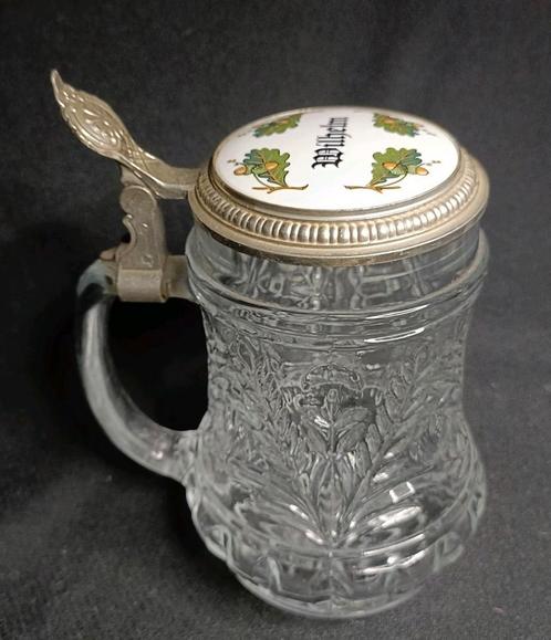 1960 glazen bierpul met tinnen deksel ingelegd met keramiek, Verzamelen, Biermerken, Gebruikt, Pul(len), Overige merken, Ophalen of Verzenden