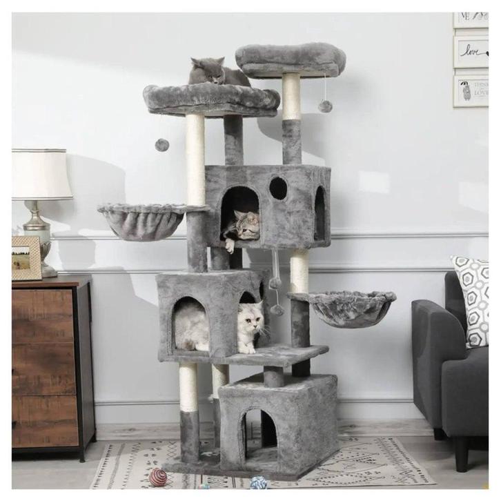 Luxe Krabpaal XXL – Grijs- 3 Slaaphuisjes, Dieren en Toebehoren, Krabmeubelen, Nieuw, Krabpaal, Ophalen of Verzenden