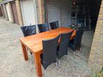 Teakhouten eettafel met HVS design eettafelstoelen, Ophalen, Gebruikt, 200 cm of meer, 50 tot 100 cm