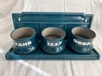Vintage emaille zand, zeep en soda set, petrol blauw., Antiek en Kunst, Antiek | Emaille, Ophalen of Verzenden