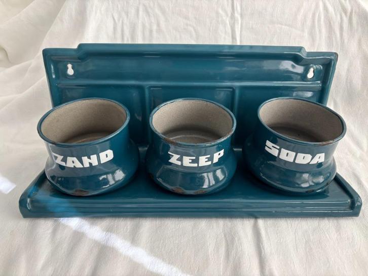 Vintage emaille zand, zeep en soda set, petrol blauw., Antiek en Kunst, Antiek | Emaille, Ophalen of Verzenden
