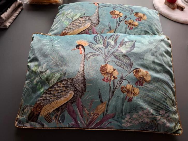 2 Luxe, velours sierkussens met vogelprint, 60 x 35 cm, Huis en Inrichting, Woonaccessoires | Kussens, Zo goed als nieuw, Overige kleuren