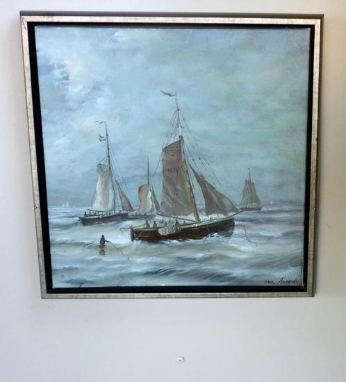 Fries Schilderij - Tjalk / Skûtsje Boot / Schip - Gesigneerd, Huis en Inrichting, Woonaccessoires | Schilderijen, Tekeningen en Foto's