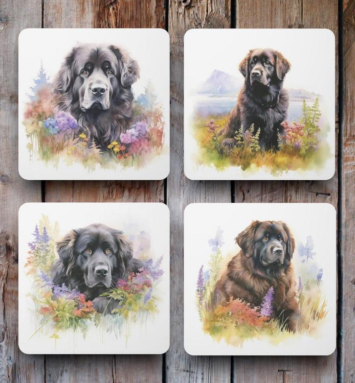 Newfoundlander Aquarel onderzetters met houder, Huis en Inrichting, Woonaccessoires | Onderzetters, Nieuw, Glas of Kopje, Ophalen of Verzenden