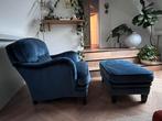 Blauwe fluwelen fauteuil met bankje, Ophalen, Vintage, 75 tot 100 cm, Zo goed als nieuw