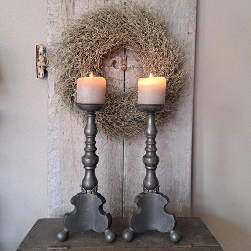 2x Oude antieke tinnen kerkkandelaar kandelaar h.33cm Etage3, Huis en Inrichting, Woonaccessoires | Overige, Gebruikt, Ophalen of Verzenden