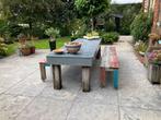 Buitentafel met zitbanken, Tuin en Terras, Ophalen, Gebruikt, Rechthoekig, Hout