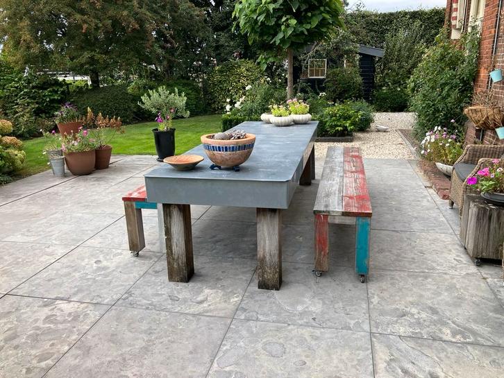 Buitentafel met zitbanken, Tuin en Terras, Tuintafels, Gebruikt, Rechthoekig, Hout, Ophalen