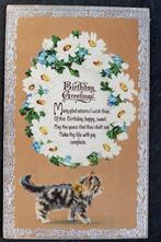 Snoezige poes met Engelse verjaardagsgroet, UK, Verzamelen, Ansichtkaarten | Dieren, Verzenden, Voor 1920, Gelopen, Hond of Kat