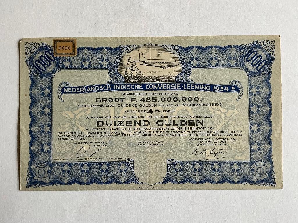 4% Nederlands-Indië 1934, 1000 Gulden, Specimen, Postzegels en Munten, Aandelen en Waardepapieren, Ophalen of Verzenden, 1920 tot 1950