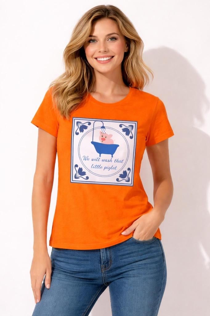 Partij 363 oranje dames t-shirts met slogan - Koningsdag