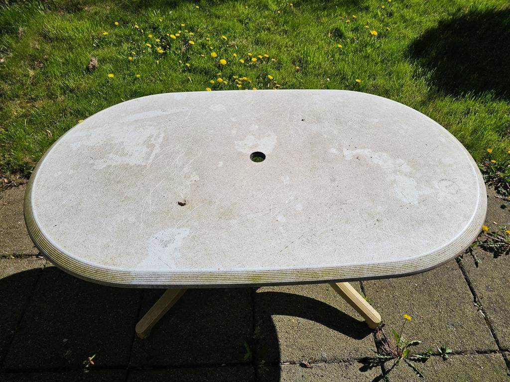 Gebruikte ovale kunststof buitentafel, Tuin en Terras, Ophalen, Gebruikt, Rechthoekig, Kunststof
