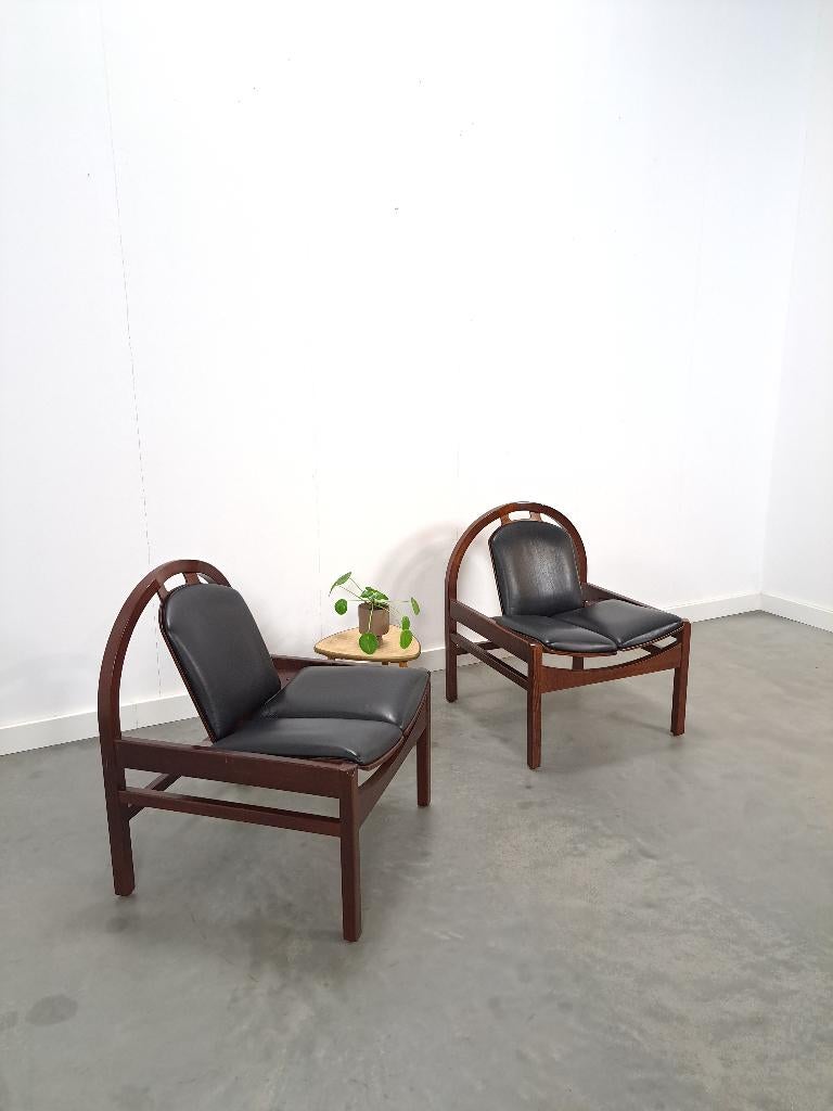 Set zwart leren fauteuil Argos, Baumann France vintage, Huis en Inrichting, Gebruikt, 75 tot 100 cm, Ophalen of Verzenden, Leer