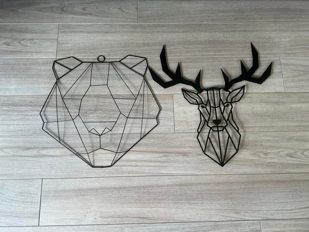 Metalen wanddecoratie: Beer en Hert (geometrisch), Metaal, Wandsculptuur, Zwart, Ophalen of Verzenden