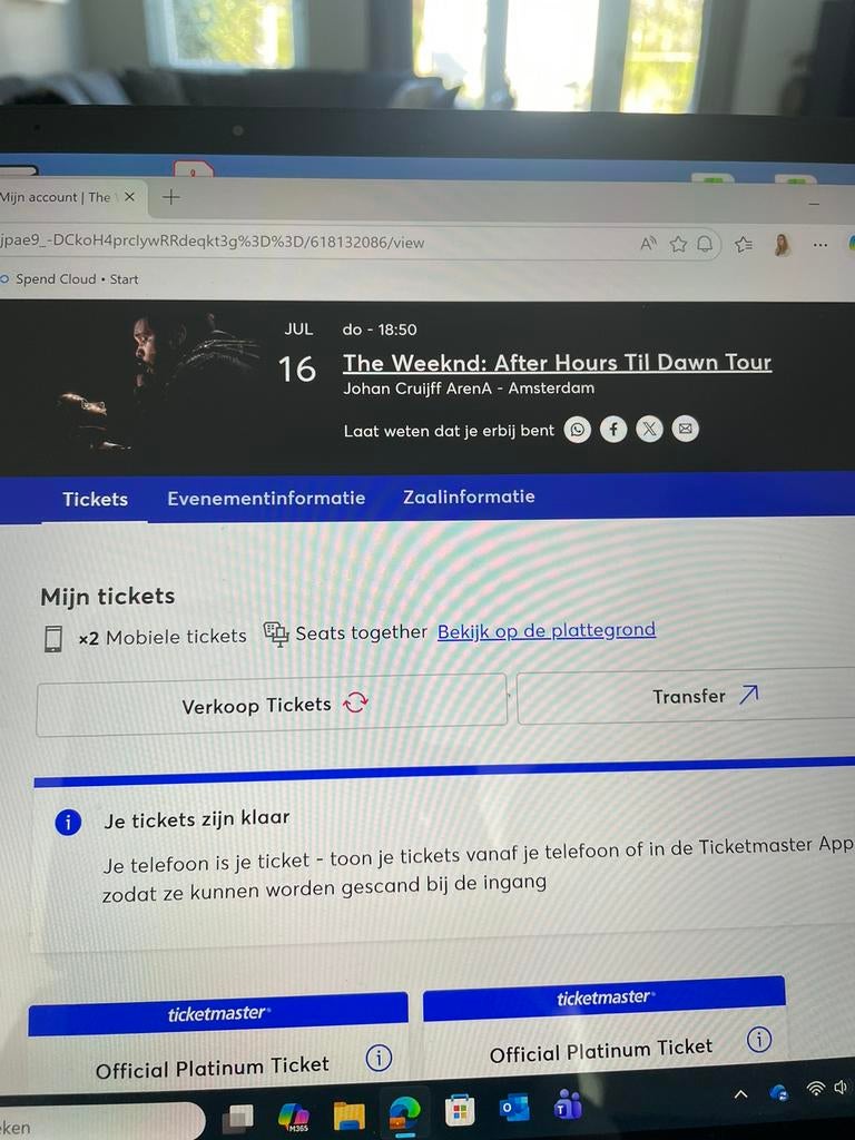 Twee platinum tickets  the Weeknd 16 juli vak 421  plaatsen!, Tickets en Kaartjes, Twee personen, Juli