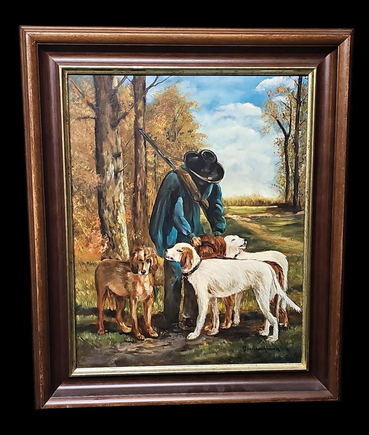 Olieverfschilderij Jager met Honden  Gesign., Antiek en Kunst, Kunst | Schilderijen | Klassiek, Ophalen of Verzenden