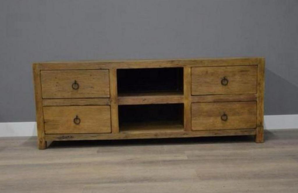 Massief houten tv-meubel met lades en open vakken 160 cm, Huis en Inrichting, Kasten | Ladekasten, Ophalen, Gebruikt, 150 tot 200 cm