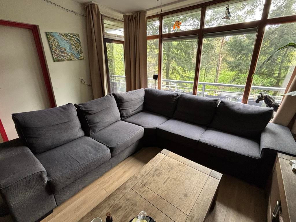 Grijze geweven hoekbank, 5-zits, in 3 delen, Ophalen, 250 tot 300 cm, Gebruikt, Hoekbank