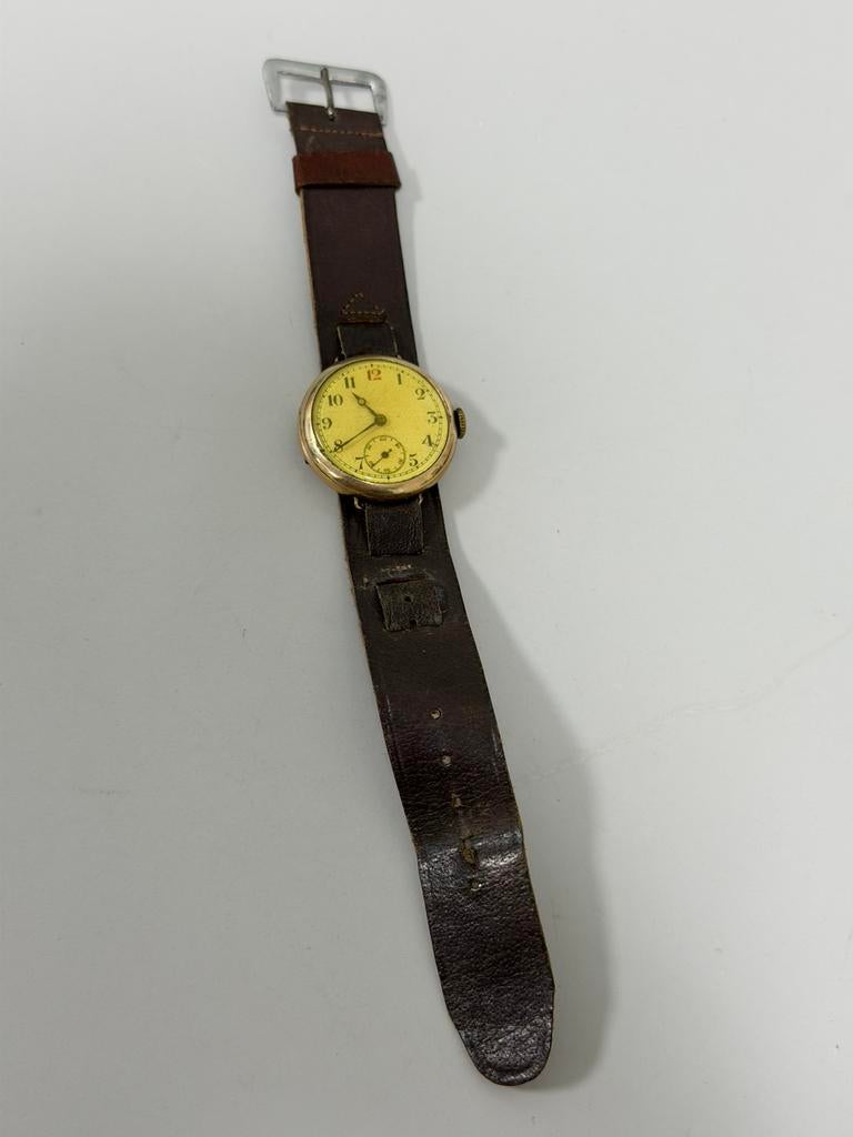 Antiek Trench Horloge 1910-1920-1930 Leder Heren verguld, Overige merken, 1900 tot 1930, Polshorloge, Ophalen of Verzenden