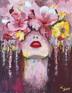 Acrylschilderij - Textuurrijk Bloemenportret (40  50 cm), Ophalen of Verzenden