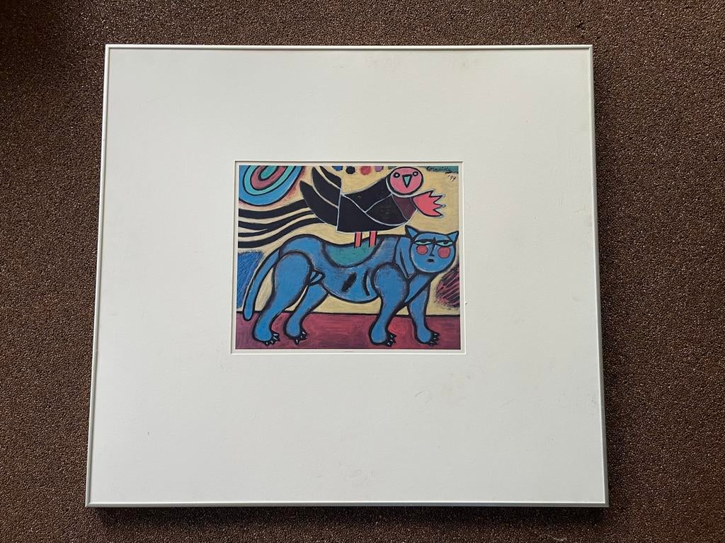 Corneille Prent Kat en Vogel - Kleurrijk Kunstwerk, Ophalen