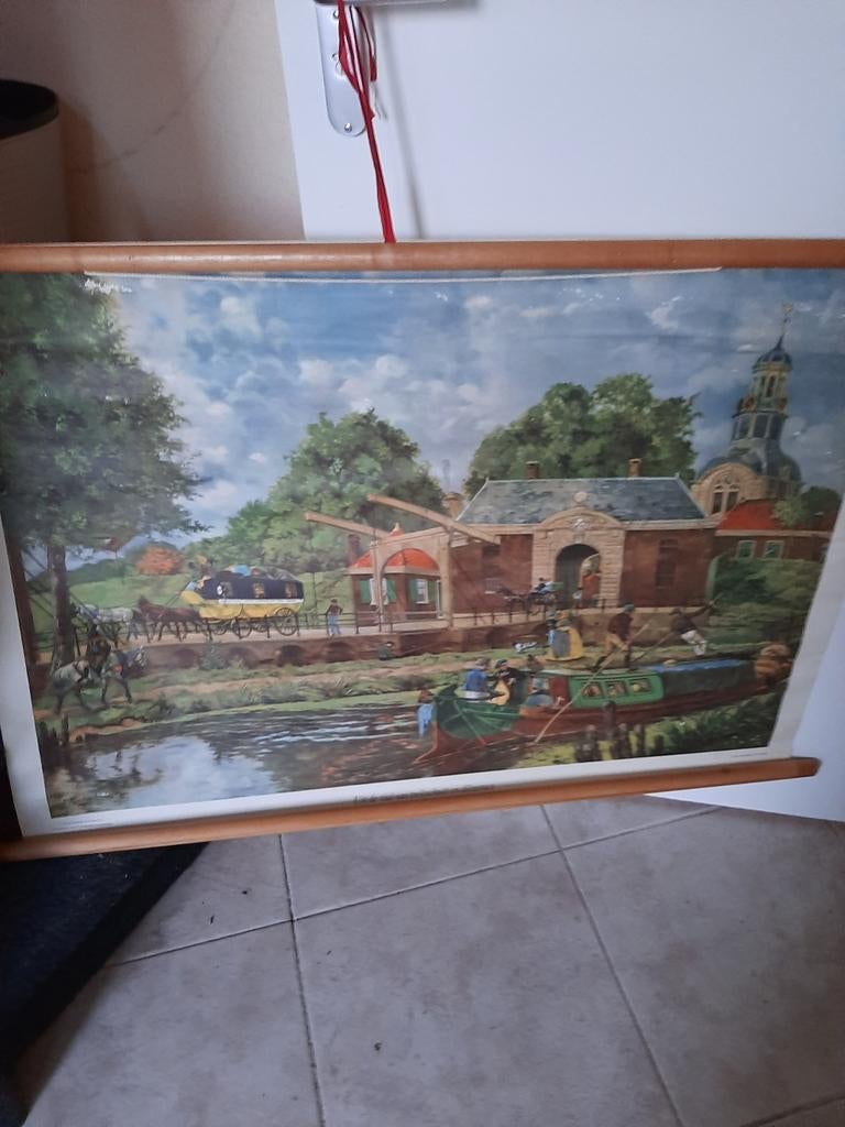 Oude schoolplaat met dorpsgezicht en water, Ophalen of Verzenden