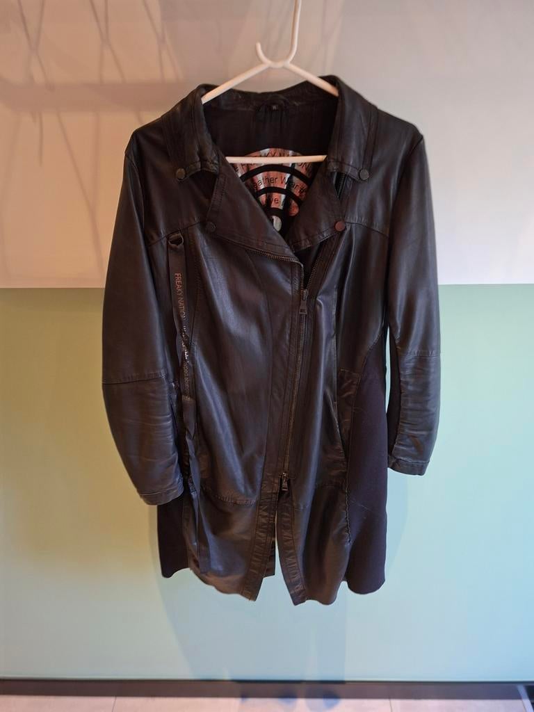 Lange leren jas Freaky Nation, Zwart, Maat 46/48 (XL) of groter, Ophalen of Verzenden, Zo goed als nieuw