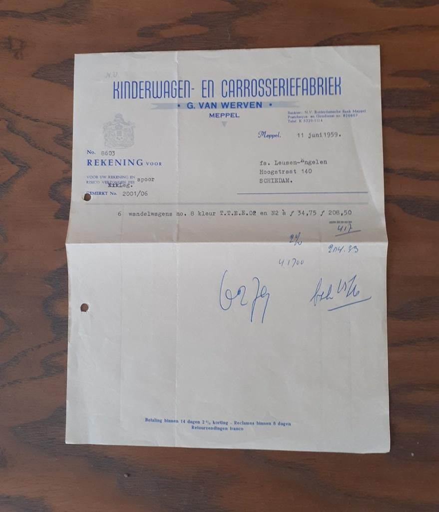 Meppel Van Werven factuur 1959 kinderwagens (Germaan), Ophalen of Verzenden, Zo goed als nieuw, Overige typen