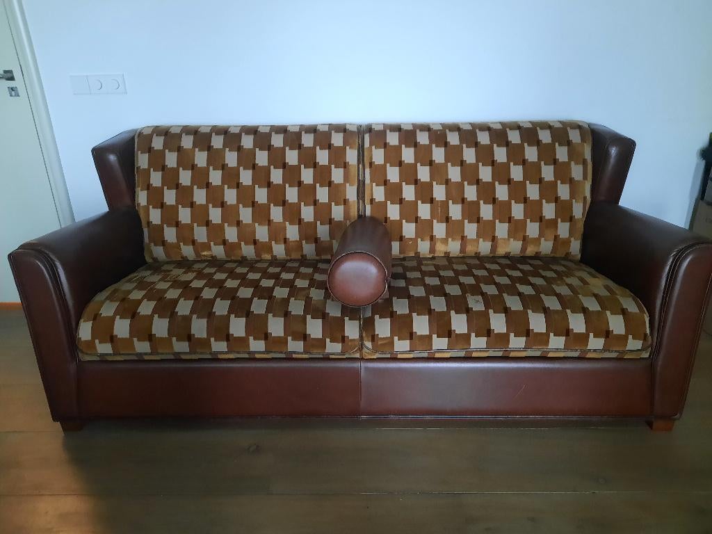 Mooie kwaliteit bank leer met stof cognac/bruin, Ophalen, Gebruikt, Driepersoons, 75 tot 100 cm