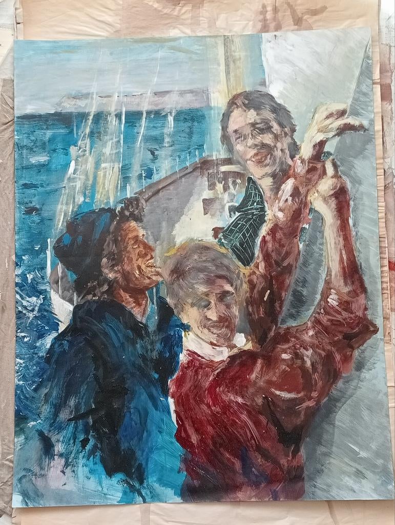 Gouache olieverf op papier Drie Vissers 20e eeuw, Ophalen of Verzenden