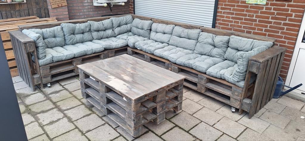 Pallet loungeset met kussens, Tuin en Terras, Ophalen, Gebruikt, Bank, 8 zitplaatsen