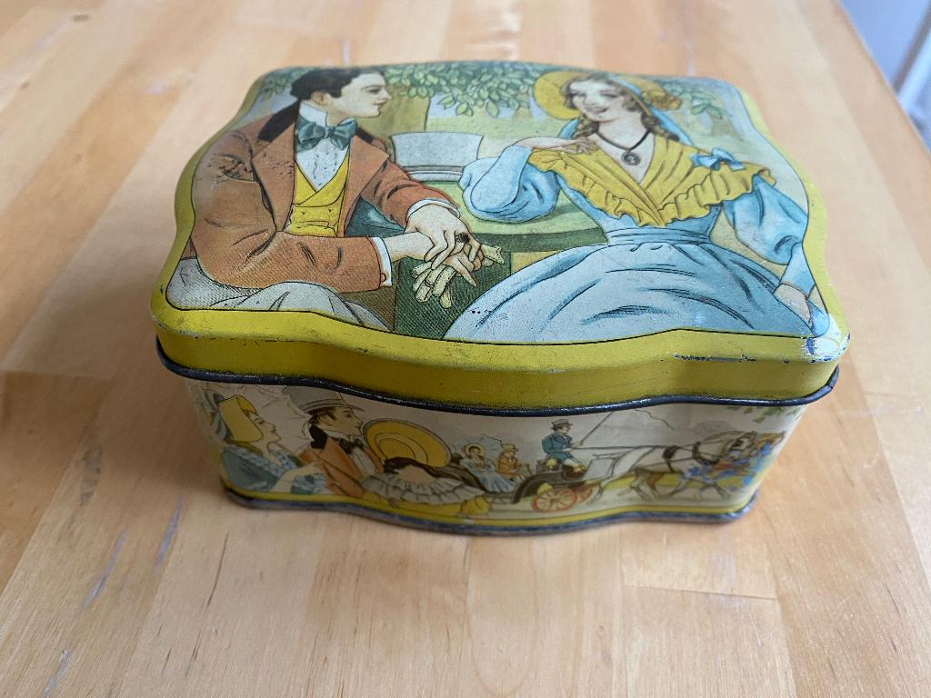 Brocante Vintage thee blik jaren 60 antieke kleding & rijtui, Antiek en Kunst, Curiosa en Brocante, Ophalen of Verzenden