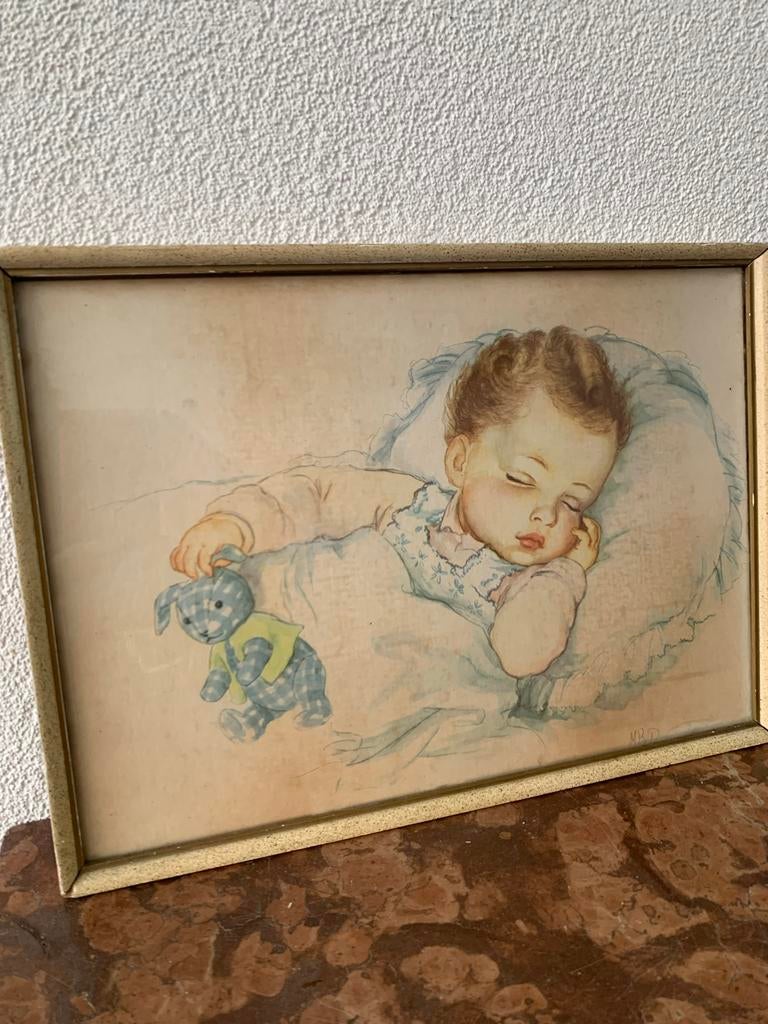 Vintage schilderij slapende baby met knuffel - 35x25 cm, Antiek en Kunst, Ophalen of Verzenden