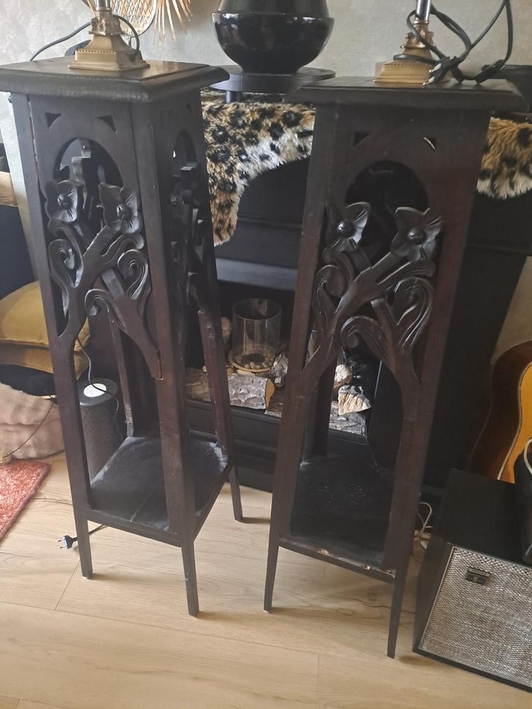 Antieke Art Nouveau Mahonie Plantentafels (Set van 2), Antiek en Kunst, Antiek | Meubels | Tafels, Ophalen