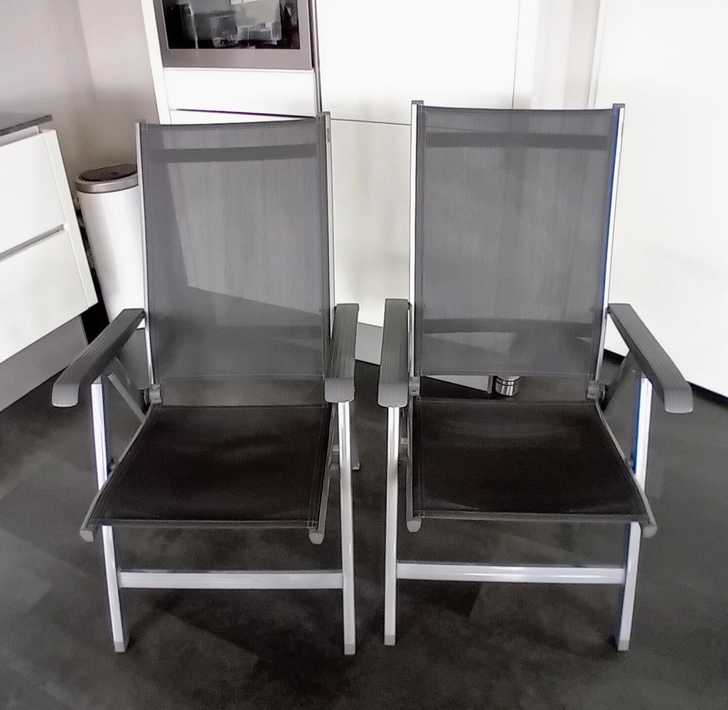 Te koop: 2 verstelbare tuinstoelen, Tuin en Terras, Tuinstoelen, Ophalen, Gebruikt, Aluminium, Verstelbaar