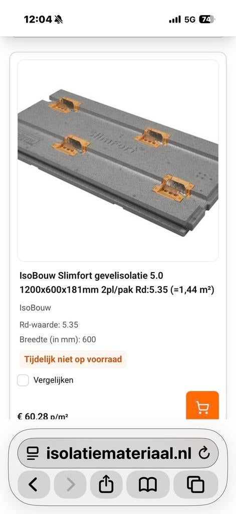 Slimfort 181 rc 5.0 isobouw, Ophalen, 12 cm of meer, Zo goed als nieuw, 15 m² of meer
