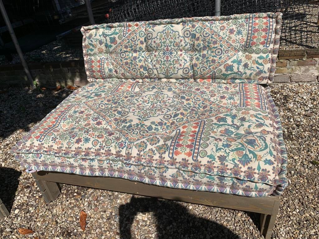 Pallet-lounge-balkonbankje, Merel in Wonderland,boho,Ibiza, Ophalen, Zo goed als nieuw, Bank