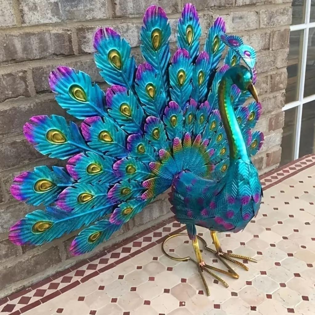 Metalen pauw decoratiefiguur, turkoois-paars, handgemaakt, Huis en Inrichting, Ophalen of Verzenden, Zo goed als nieuw, Meerkleurig