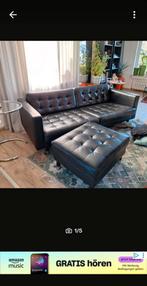 IKEA bank met hocker, zwart leer, Ophalen of Verzenden
